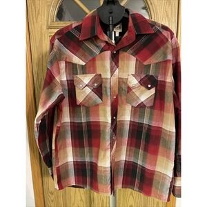 Vintage Rustler Wrangler Long Sleeve Pearl Snap Shirt Size L Plaid Gold Red